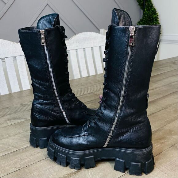 Prada Lug-Sole Tall Leather Combat Boots Size 7 (37.5) - Picture 7 of 15